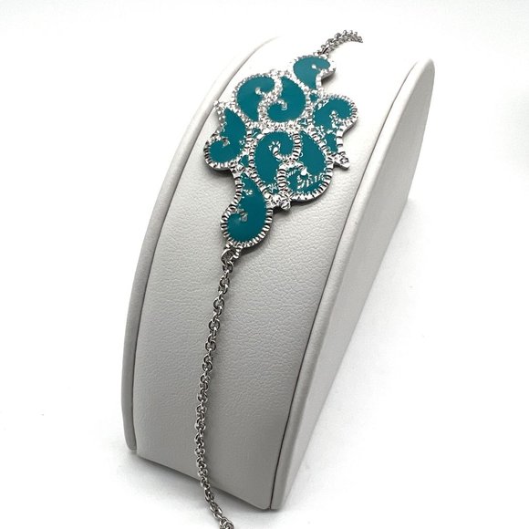 Sterling Silver 7 Inch Painted Enamel Turquoise Filigree Chain Bracelet NIP - Picture 4 of 12